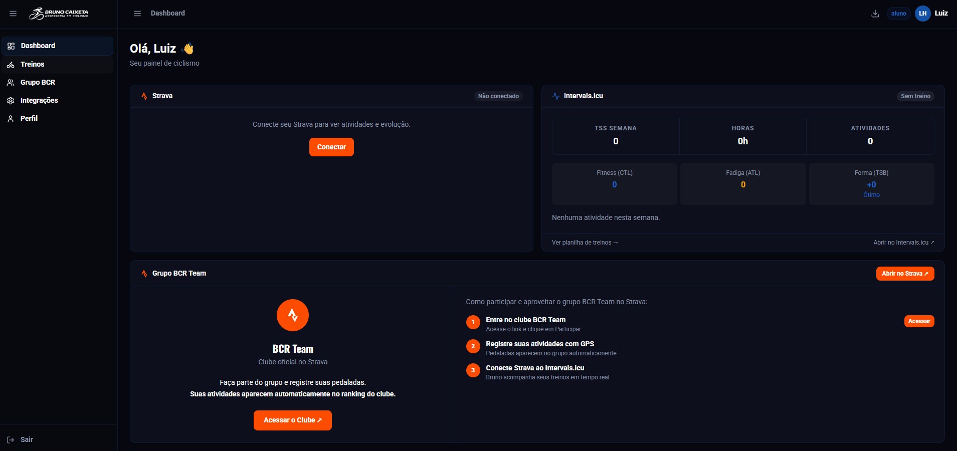 Dashboard do aluno no desktop
